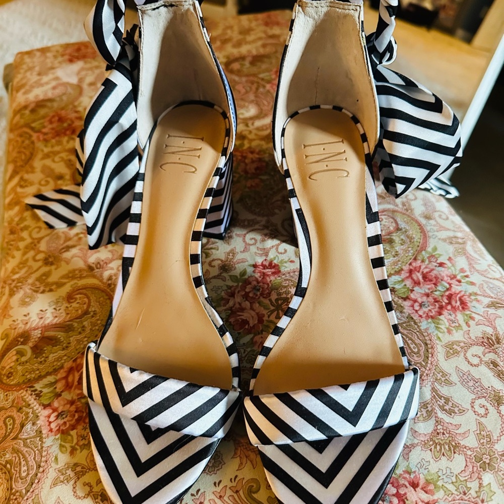 INC International Concepts Black and White Heeled Pumps with Ankle Tie
